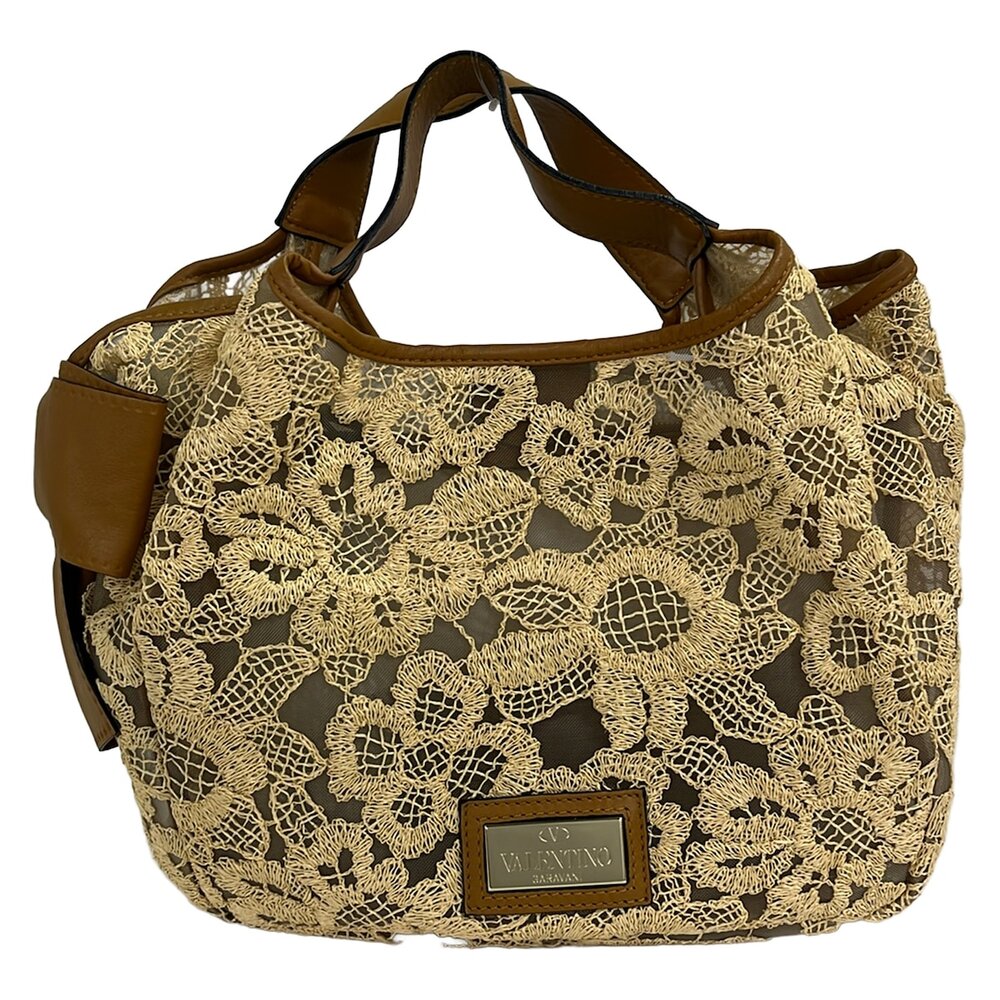 Valentino Garavani Handbag Cream Light Brown Straw Leather